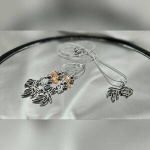 Elegant Stainless Steel Koi Fish and Gold Crystal  Necklace & Earings Set